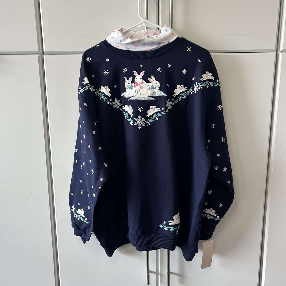 Vintage Spumoni Bunny Snowflake Mock Neck Sweatshirt Navy Blue 3X Made in USA